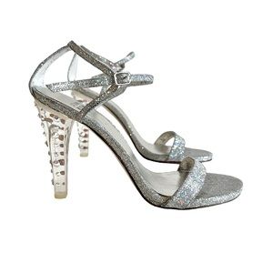 Stuart Weitzman formal heeled sandal, silver glitter, rhinestones, size 8 1/2